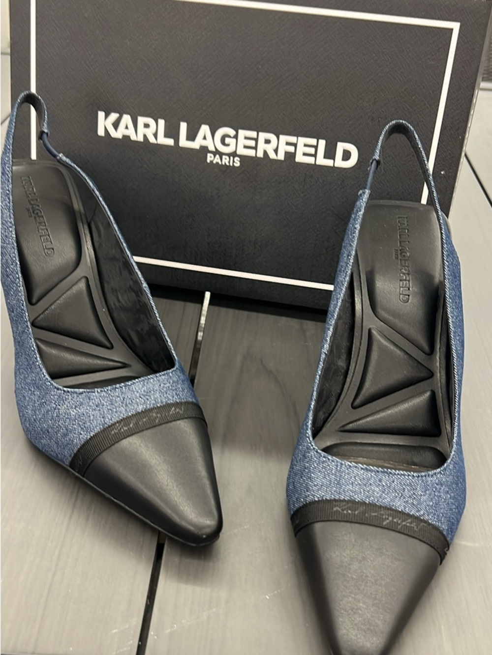 Karl Lagerfeld Blue Denim and Black Pointed Slingback Pumps